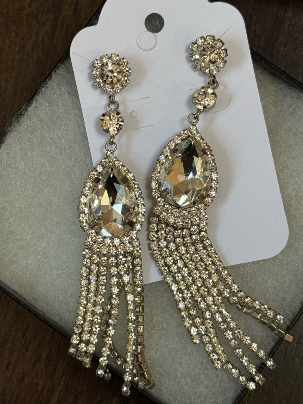 Vintage Sparkling Teardrop Crystal Fringe Earrings - Clear/Silver